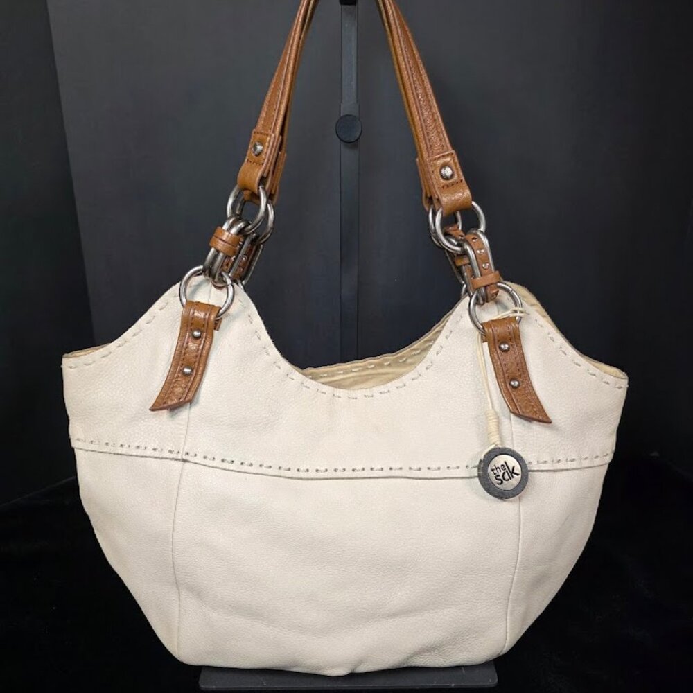The Sak Genuine Leather Handbag Purse Ivory with Brown Straps